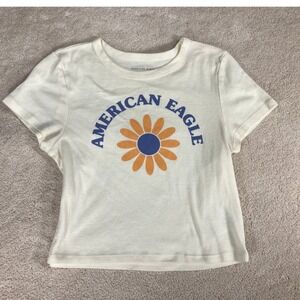 American Eagle Womens XL Cream Daisy Graphic T-Shirt Short Sleeve Crewneck Tee